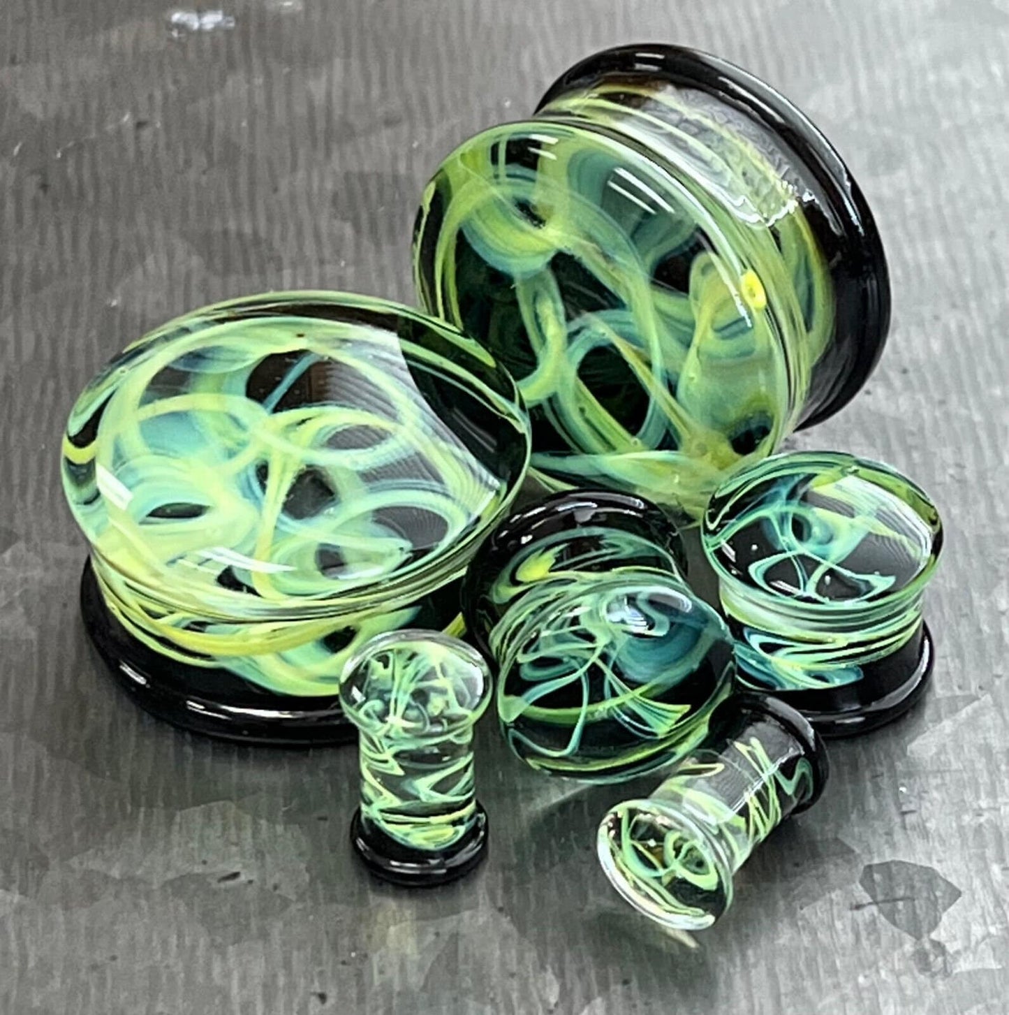 PAIR of Green Swirling Smoke Style Pyrex Glass Double Flare Plugs - Gauges 2g (6mm) through 1" (25mm) available!
