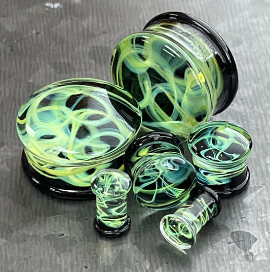PAIR of Green Swirling Smoke Style Pyrex Glass Double Flare Plugs - Gauges 2g (6mm) through 1" (25mm) available!