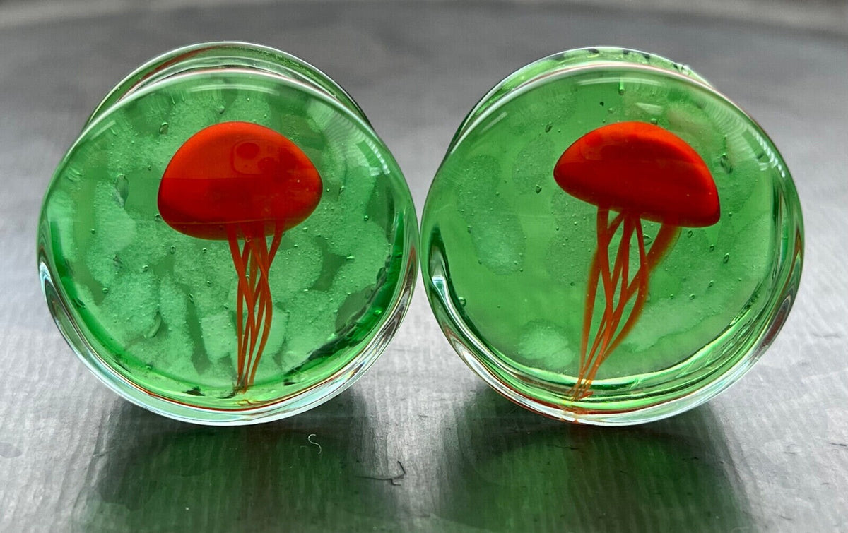 PAIR of Unique Glow in the Dark Floating Red & Green Jellyfish Pyrex Glass Double Flare Plugs - Gauges 0g (8mm) through 1" (25mm) available!