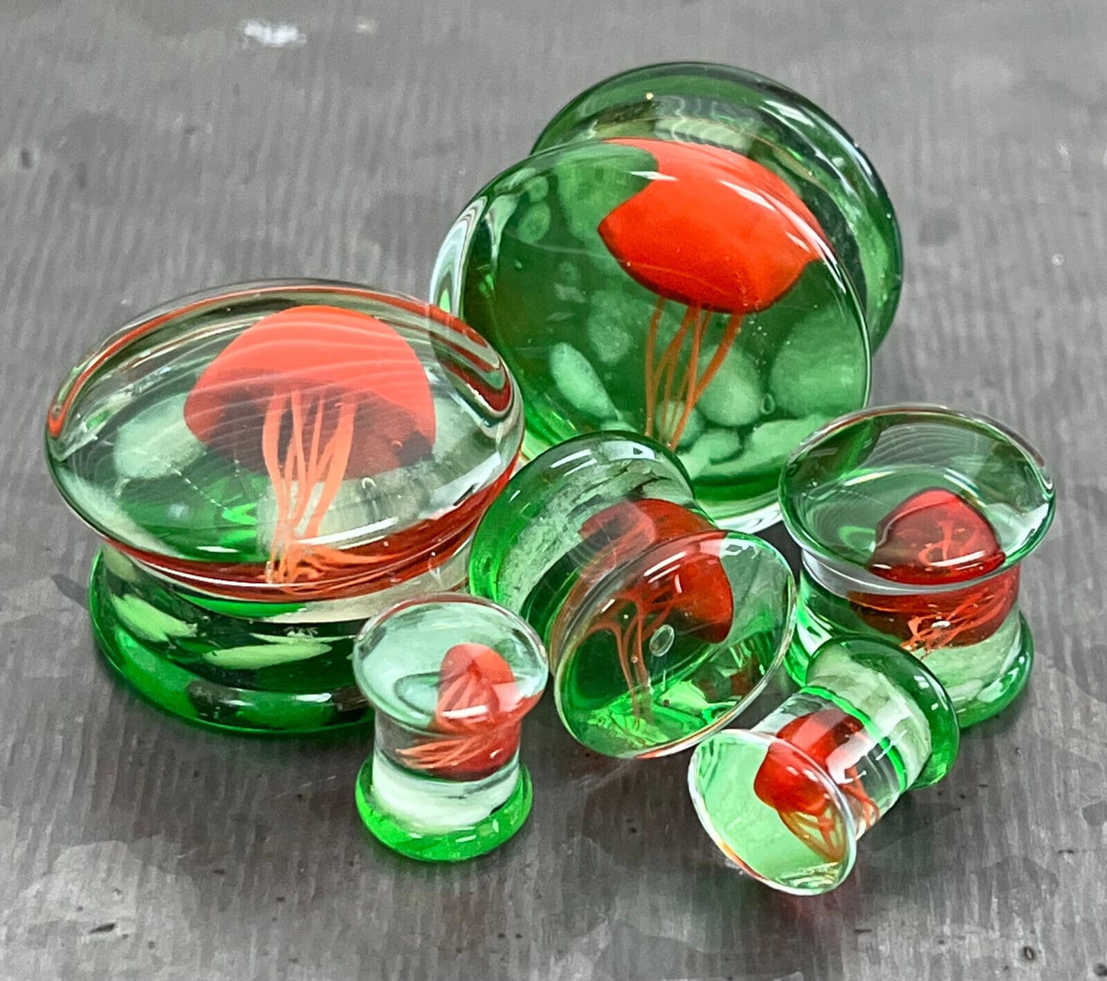 PAIR of Unique Glow in the Dark Floating Red & Green Jellyfish Pyrex Glass Double Flare Plugs - Gauges 0g (8mm) through 1" (25mm) available!