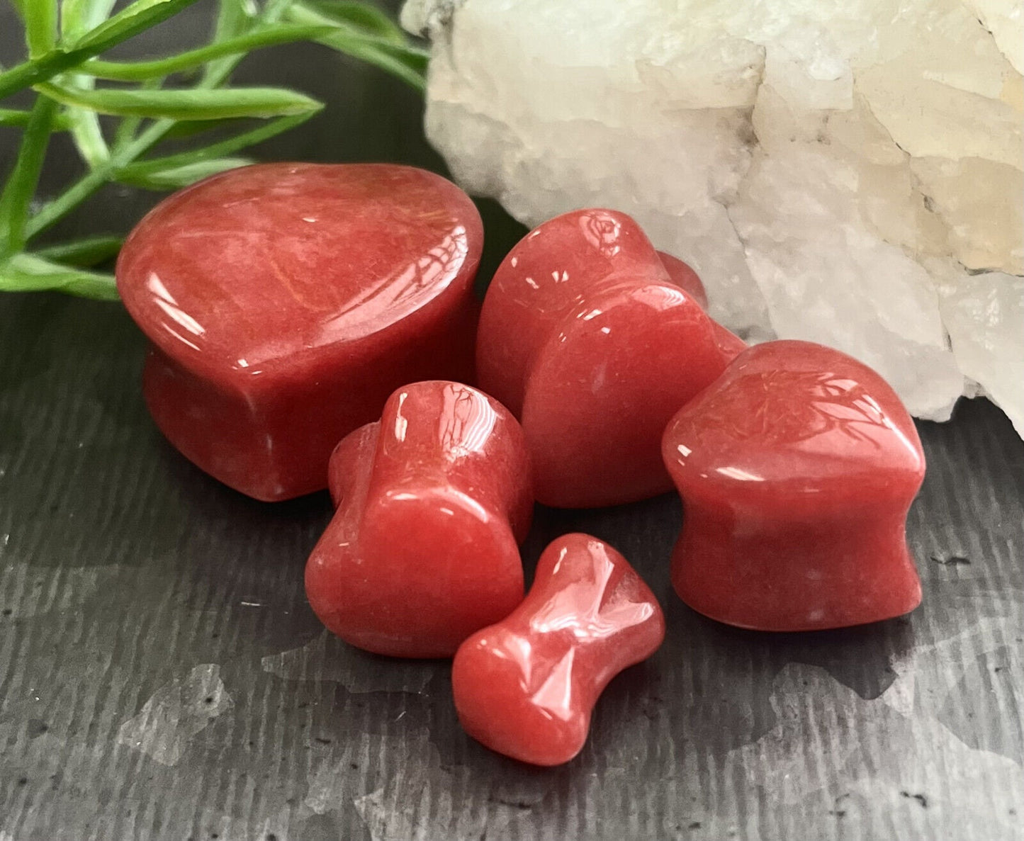 PAIR of Unique Heart Shaped Red Jade Organic Stone Plugs - Gauges 2g (6mm) up to 1" (25mm) available!