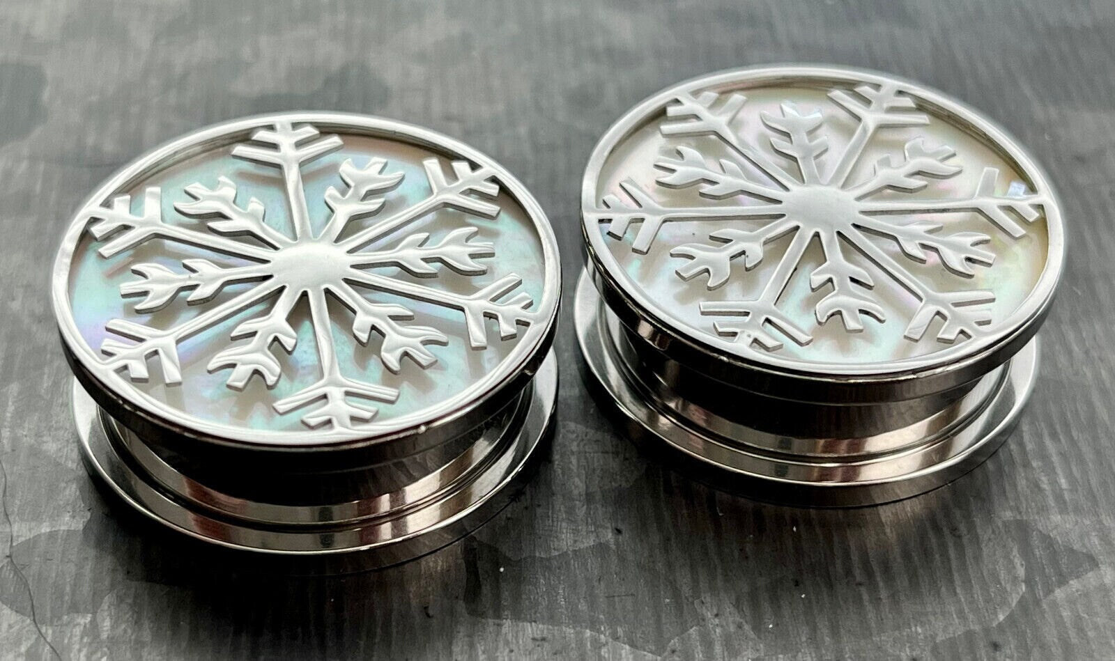 PAIR of Iridescent Snowflake Steel Screw Fit Tunnels/Plugs - Gauges 0g (8mm) thru 1" (25mm) available!