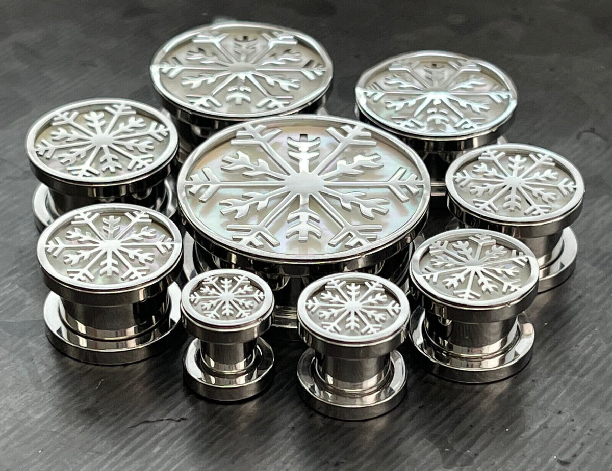 PAIR of Iridescent Snowflake Steel Screw Fit Tunnels/Plugs - Gauges 0g (8mm) thru 1" (25mm) available!