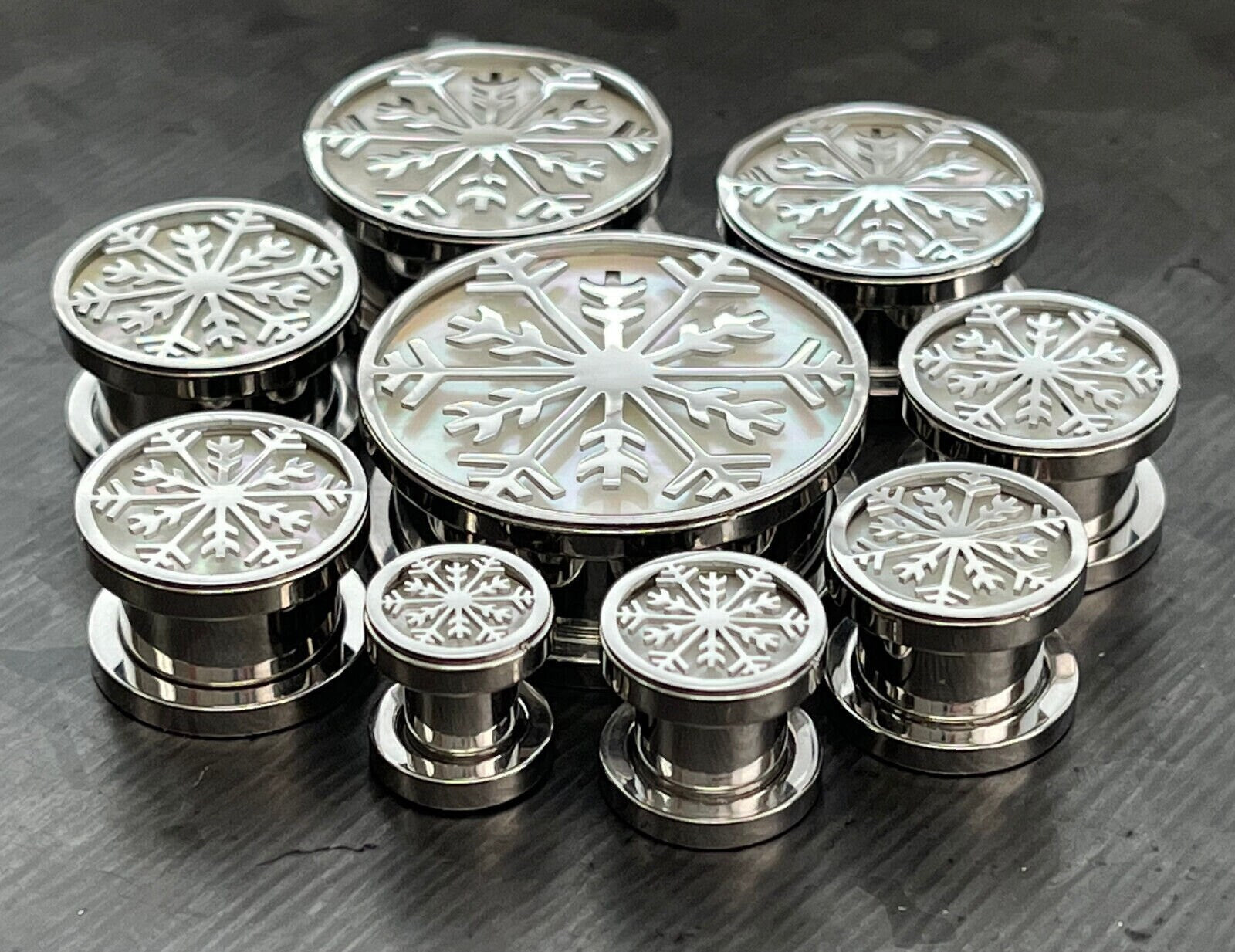 PAIR of Iridescent Snowflake Steel Screw Fit Tunnels/Plugs - Gauges 0g (8mm) thru 1" (25mm) available!