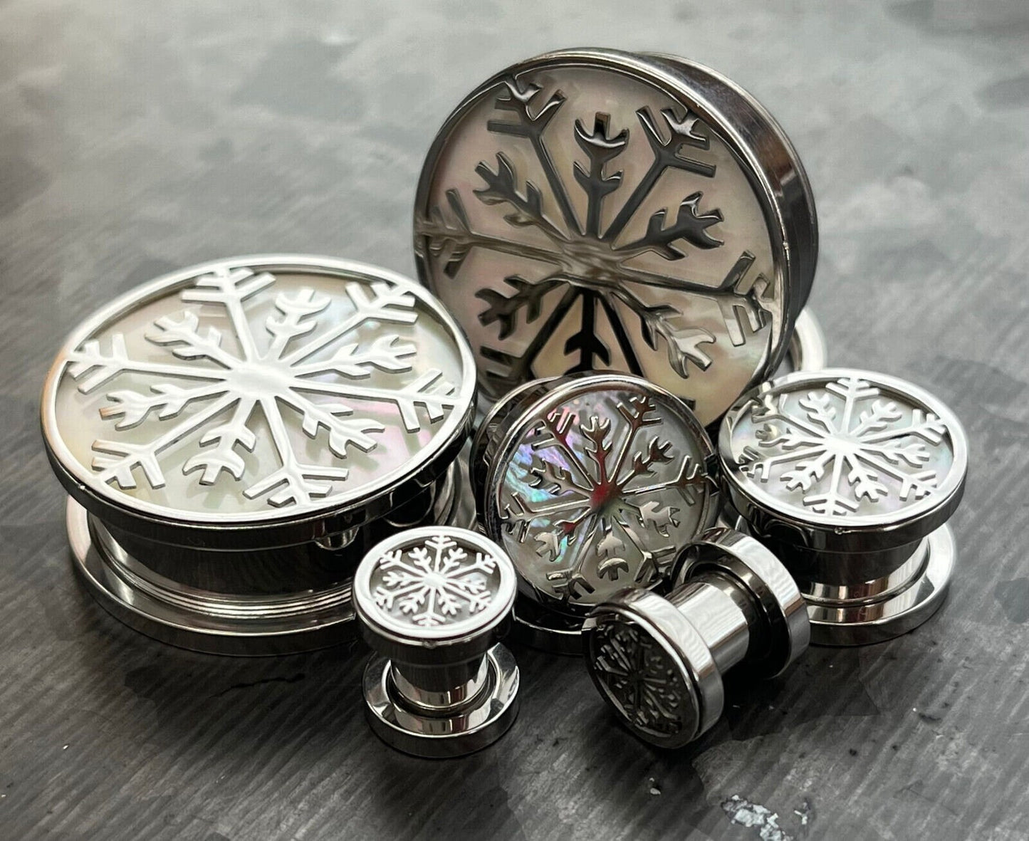 PAIR of Iridescent Snowflake Steel Screw Fit Tunnels/Plugs - Gauges 0g (8mm) thru 1" (25mm) available!