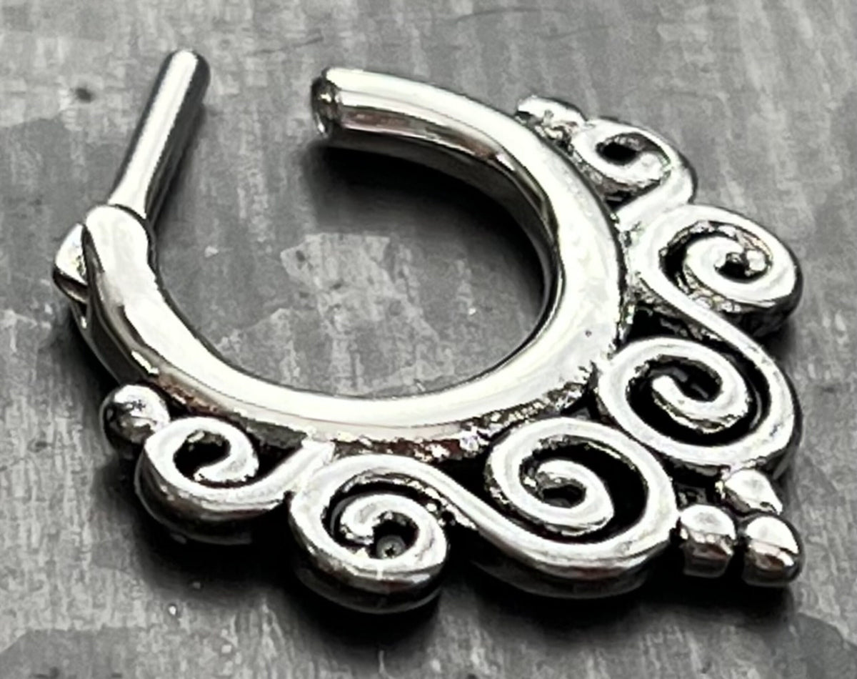 1 Piece Unique Tribal Swirls Design Clicker Septum Ring - 16g - 9mm Gold, Rose Gold, Hematite & Steel Available!