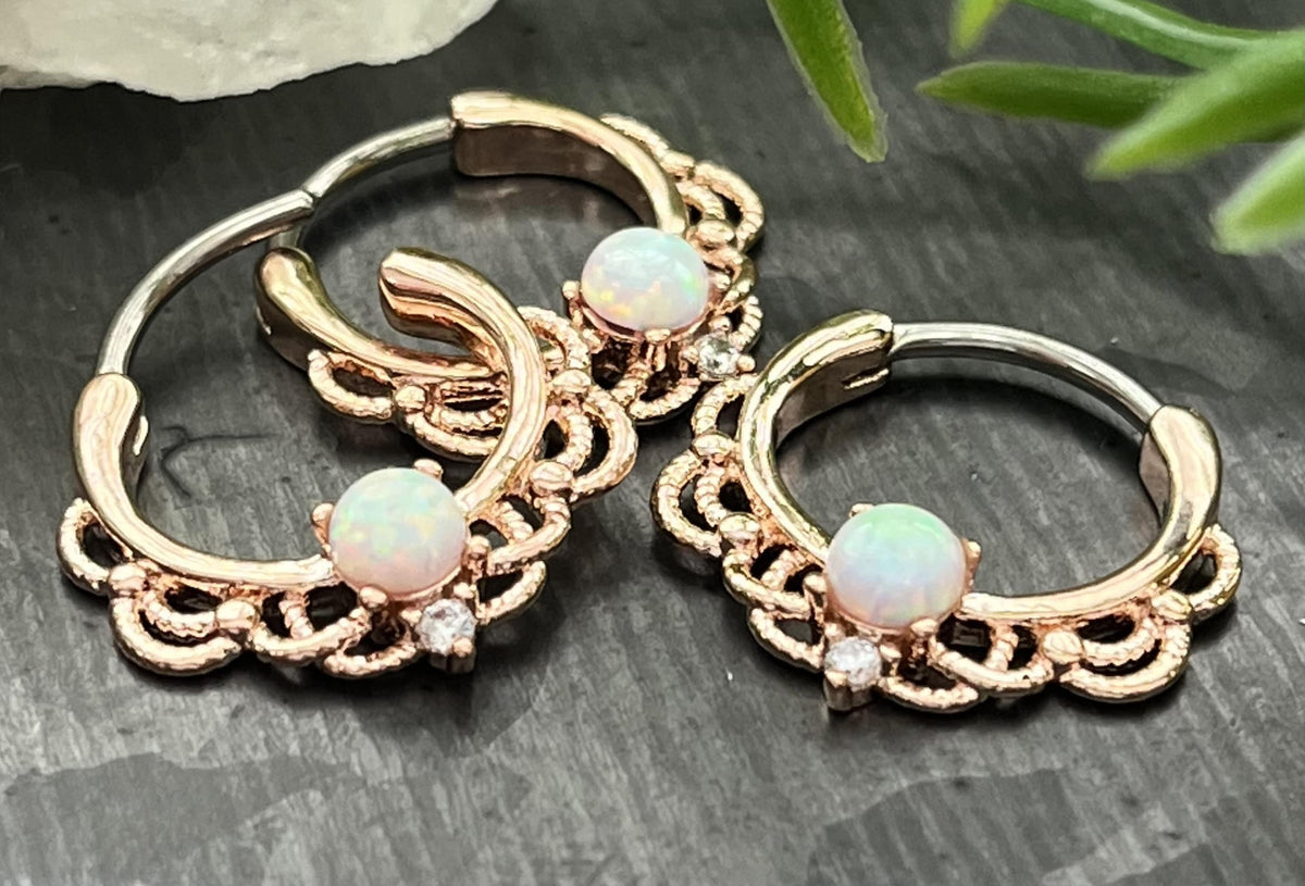 1 Piece Stunning Rose Gold Lacey Opal & CZ Gem Septum Steel Ring - 16g - 8mm Internal Diamater!