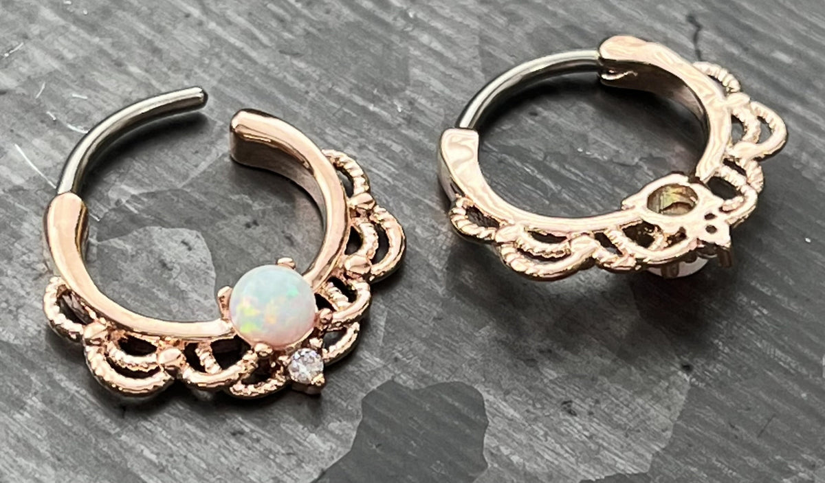 1 Piece Stunning Rose Gold Lacey Opal & CZ Gem Septum Steel Ring - 16g - 8mm Internal Diamater!