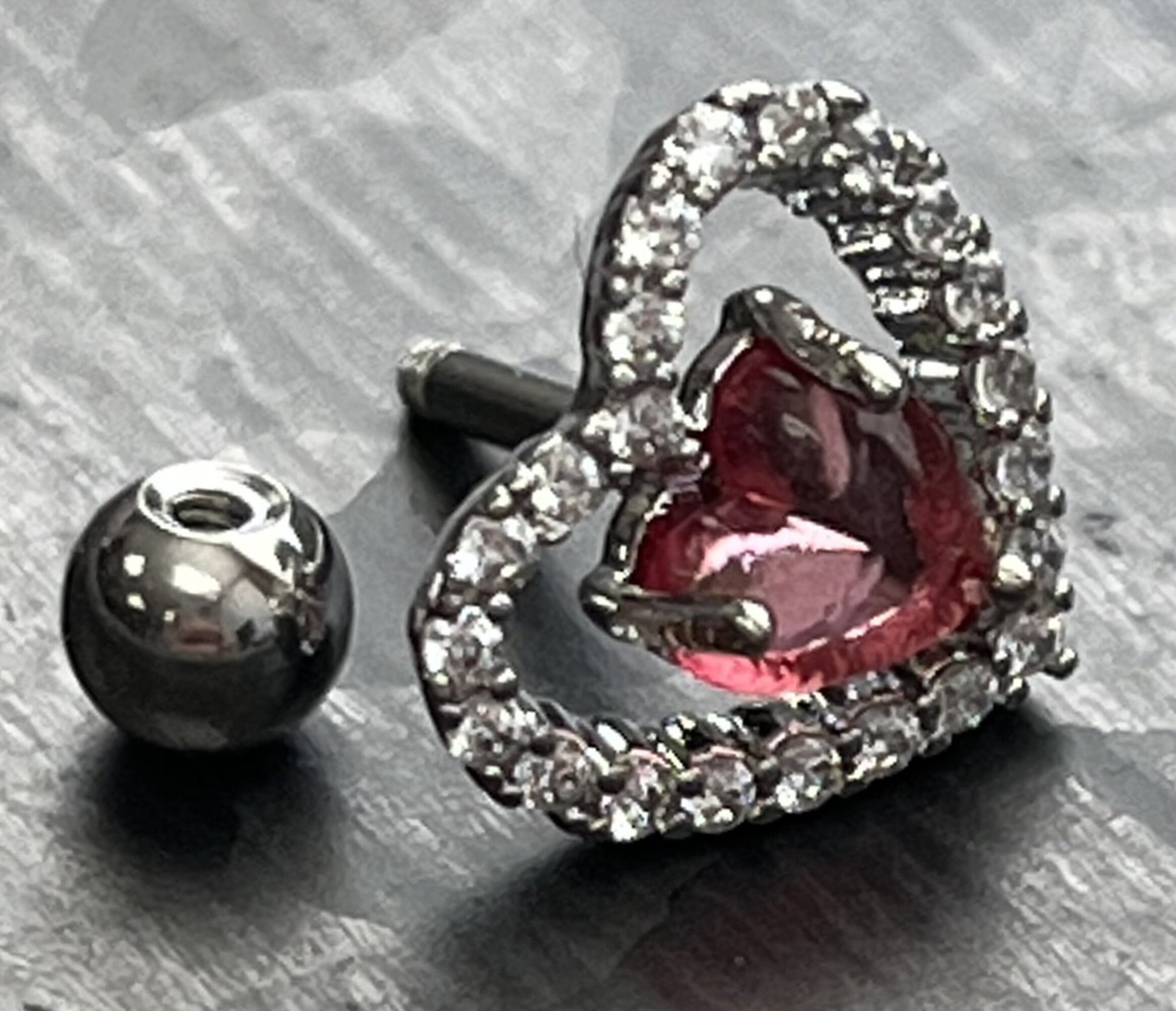 1 Piece Brilliant CZ Gem Lined Pink Heart Steel Tragus/Cartilage Stud - 16g, 6mm Wearable Length, 4mm Ball, 10mm Top Design!