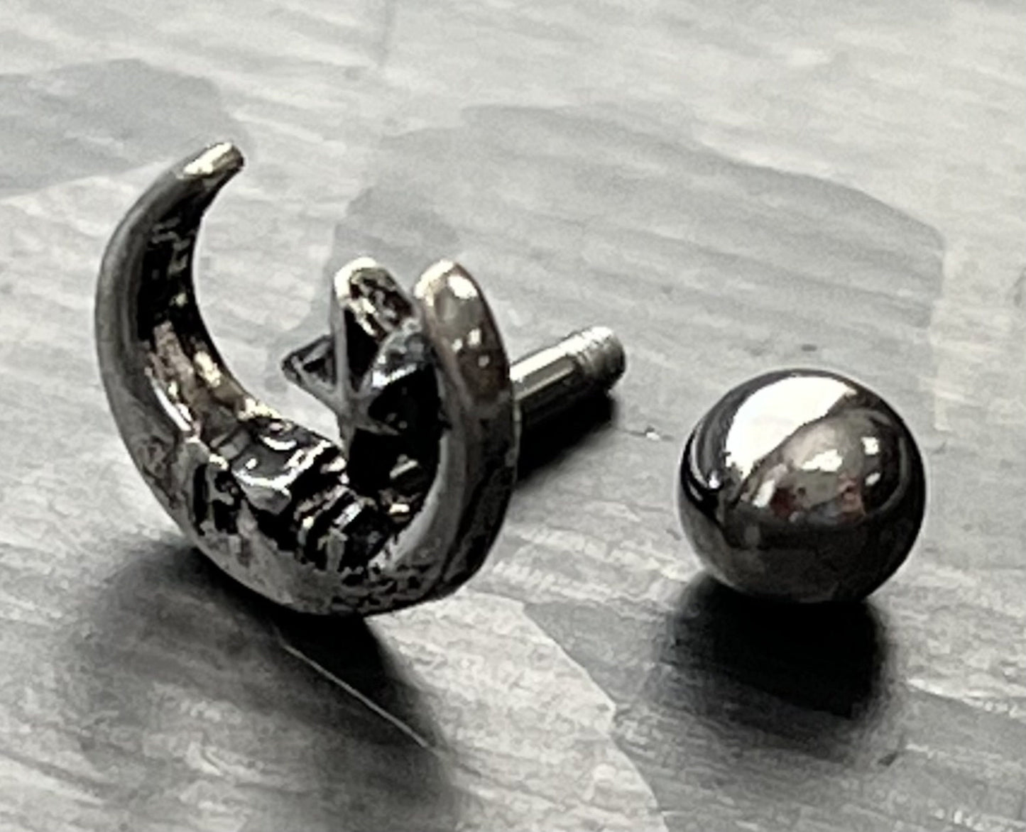 1 Piece Stunning Moon & Star Silver Plated Steel Tragus/Cartilidge Stud - 16g, 6mm (1/4") Wearable Length, 4mm Ball, 7mm Top Design!