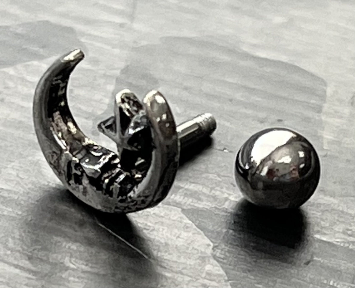 1 Piece Stunning Moon & Star Silver Plated Steel Tragus/Cartilidge Stud - 16g, 6mm (1/4") Wearable Length, 4mm Ball, 7mm Top Design!