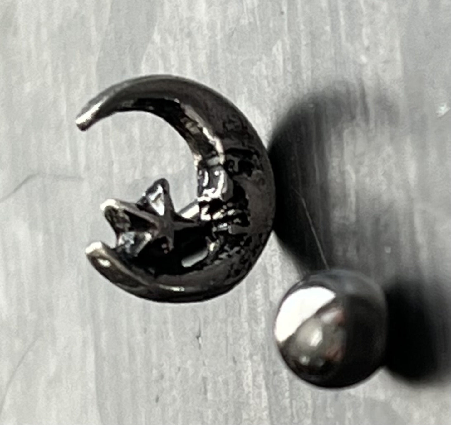 1 Piece Stunning Moon & Star Silver Plated Steel Tragus/Cartilidge Stud - 16g, 6mm (1/4") Wearable Length, 4mm Ball, 7mm Top Design!