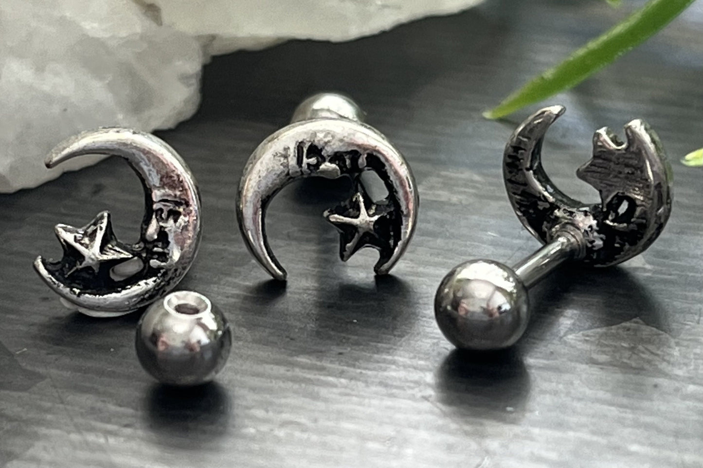1 Piece Stunning Moon & Star Silver Plated Steel Tragus/Cartilidge Stud - 16g, 6mm (1/4") Wearable Length, 4mm Ball, 7mm Top Design!