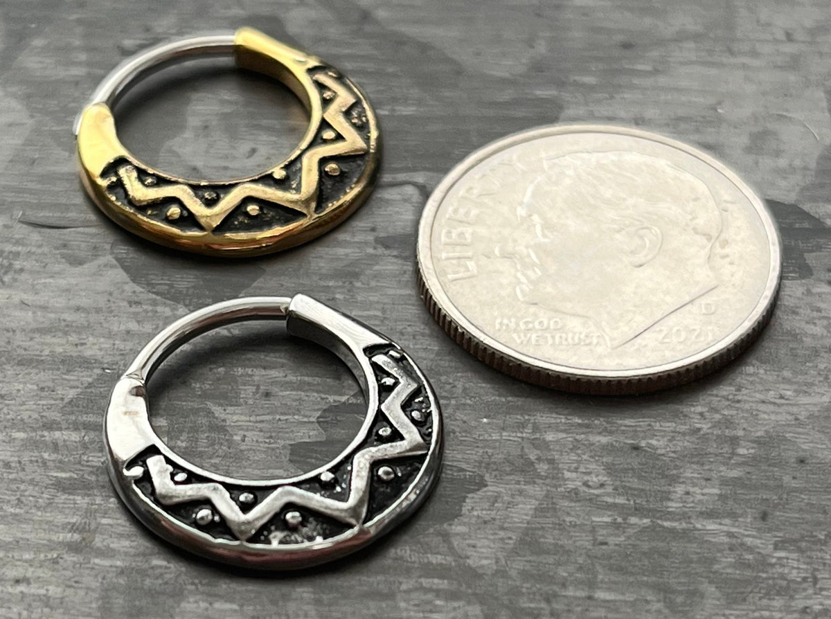 1 Piece Unique Tribal Fan Design Steel Septum Clicker Ring - 16g- 10mm Internal Diameter Available in Steel and Antique Gold!