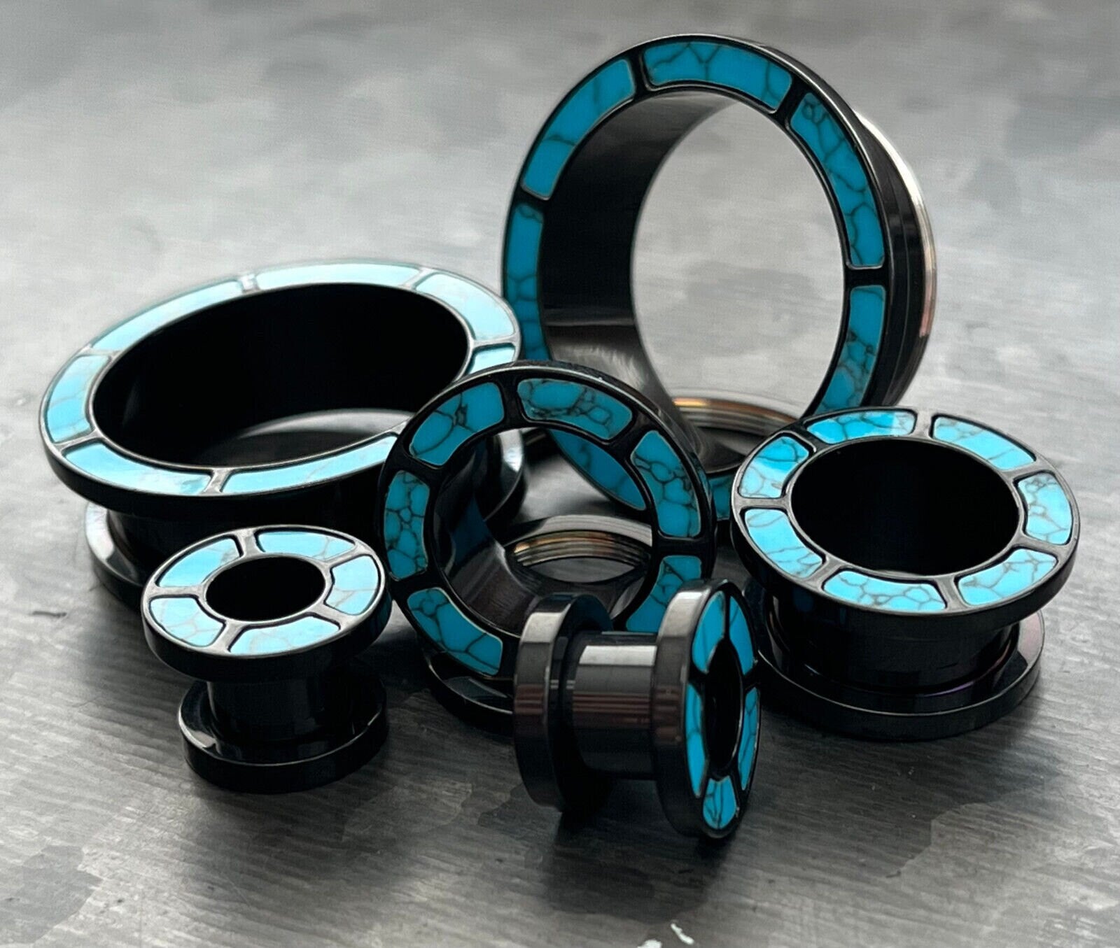 PAIR of Stunning Turquoise Rimmed Black Screw Fit Tunnels/Plugs - Gauges 0g (8mm) thru 1" (25mm) Available!