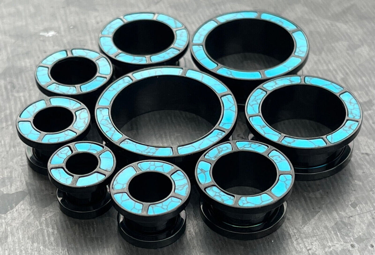PAIR of Stunning Turquoise Rimmed Black Screw Fit Tunnels/Plugs - Gauges 0g (8mm) thru 1" (25mm) Available!