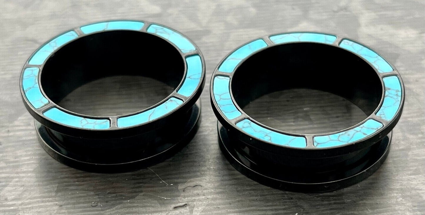 PAIR of Stunning Turquoise Rimmed Black Screw Fit Tunnels/Plugs - Gauges 0g (8mm) thru 1" (25mm) Available!