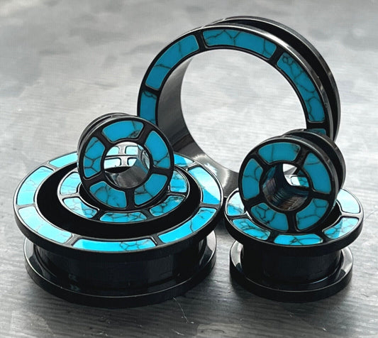 PAIR of Stunning Turquoise Rimmed Black Screw Fit Tunnels/Plugs - Gauges 0g (8mm) thru 1" (25mm) Available!