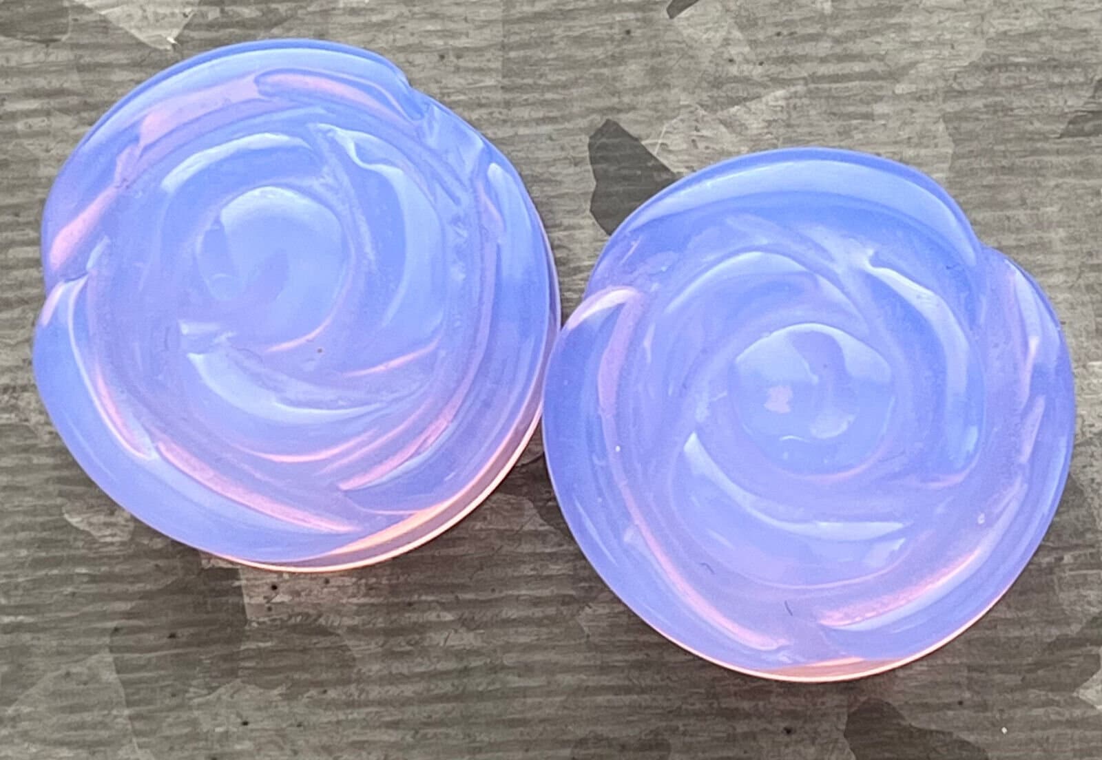 PAIR of Beautiful Lavender Opalite Stone Carved Flower Double Flare Glass Plugs - Gauges 2g (6.5mm) to 1" (25mm) available!