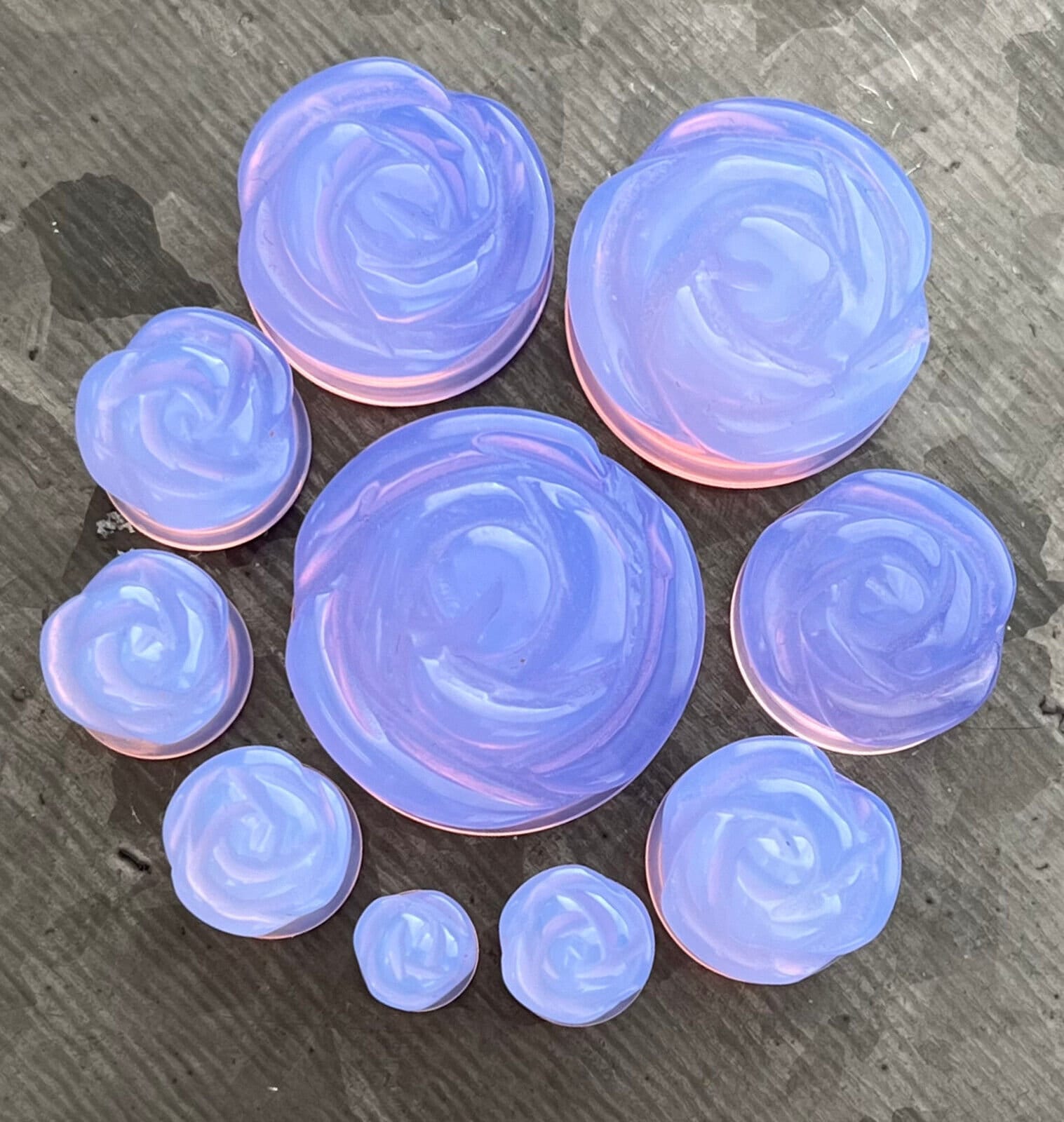 PAIR of Beautiful Lavender Opalite Stone Carved Flower Double Flare Glass Plugs - Gauges 2g (6.5mm) to 1" (25mm) available!