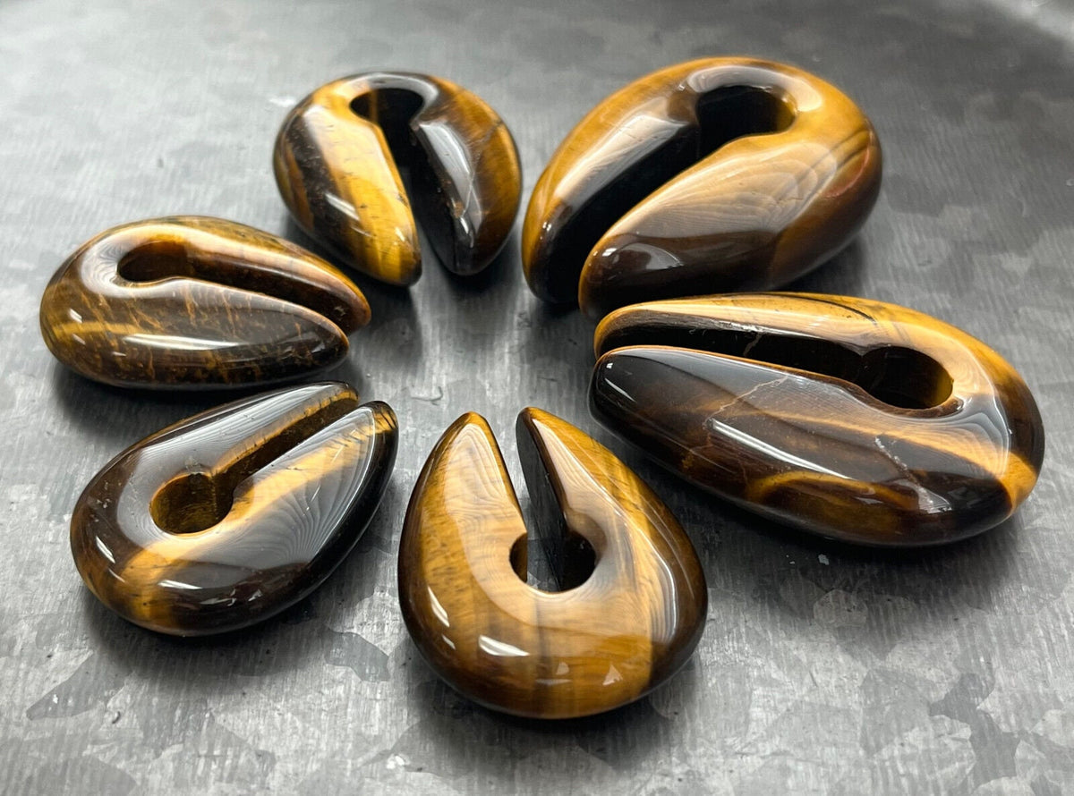 PAIR of Stunning Organic Tiger Eye Keyhole Hanger Ear Weight Tunnels/Plugs - Gauge 0g (8mm) thru 5/8 (16mm) available!