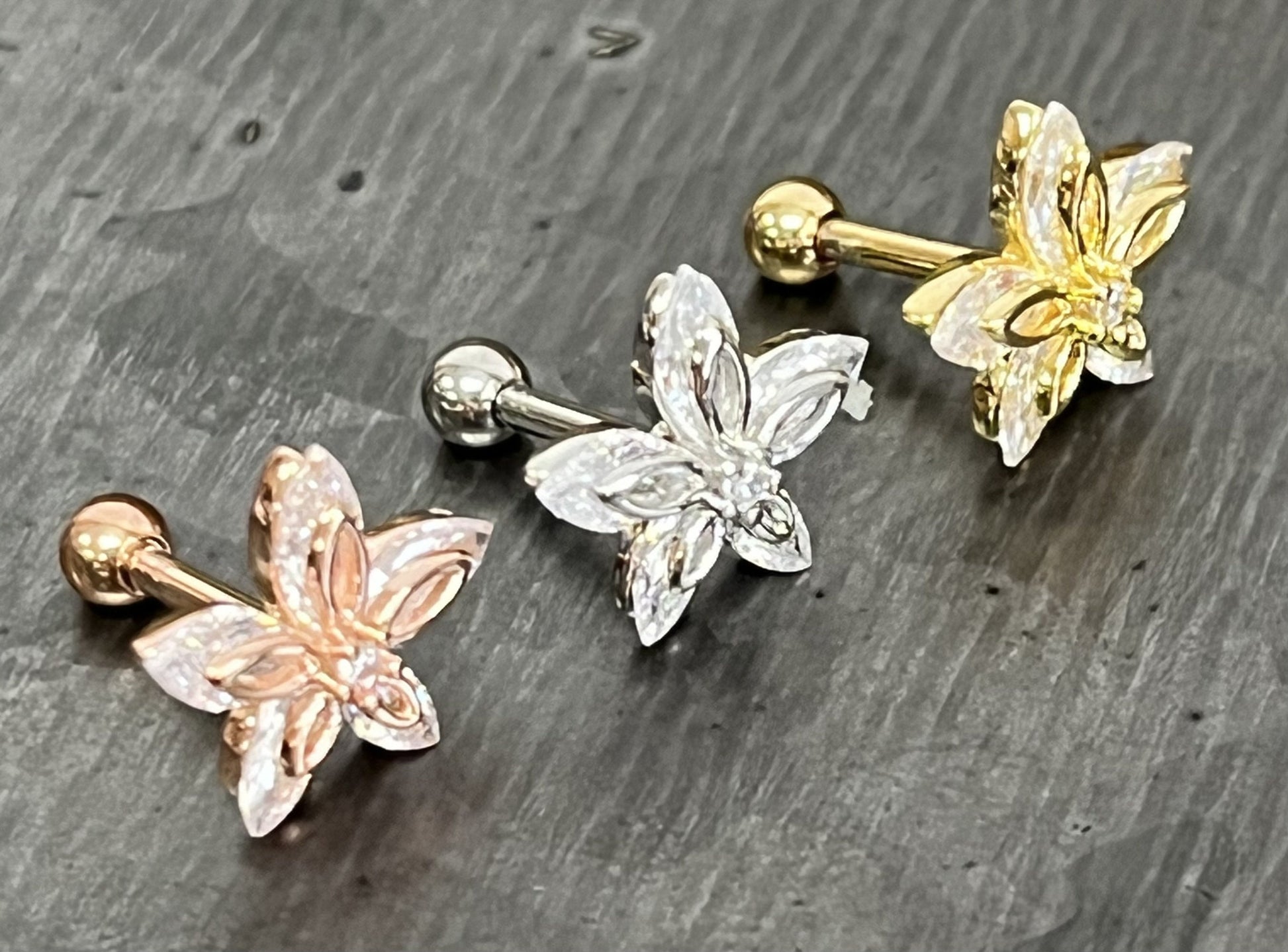 1 Piece Brilliant Marquise CZ Gem Flower Tragus Cartilage Barbell Stud - 16g - Wearable Length 6mm - Silver, Gold, Rose Gold Available!