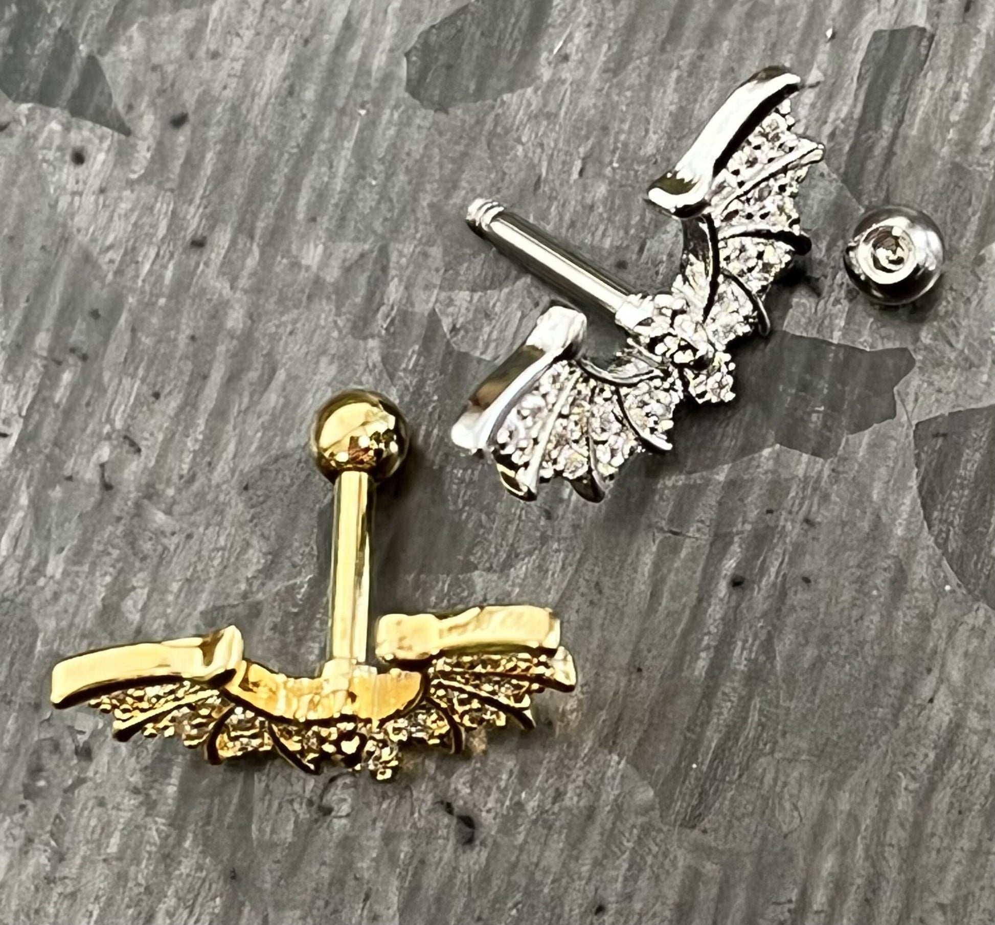 1 Piece Unique CZ Gem Paved Surgical Steel Bat Wings Tragus Cartilage Barbell - 16g - Wearable Length: 1/4" - Gold and Silver Available!