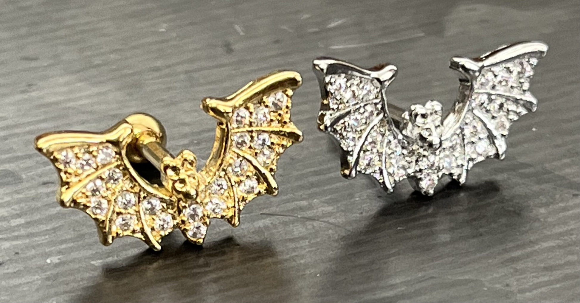 1 Piece Unique CZ Gem Paved Surgical Steel Bat Wings Tragus Cartilage Barbell - 16g - Wearable Length: 1/4" - Gold and Silver Available!