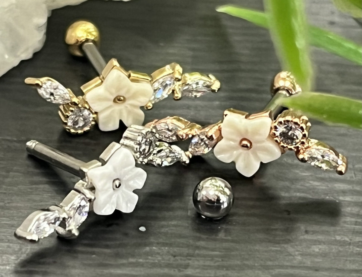 1 Piece Mother of Pearl Flower with CZ Gem Vine Tragus Cartilage Stud - 16g - Wearable Length 6mm - Silver, Gold, Rose Gold Available!