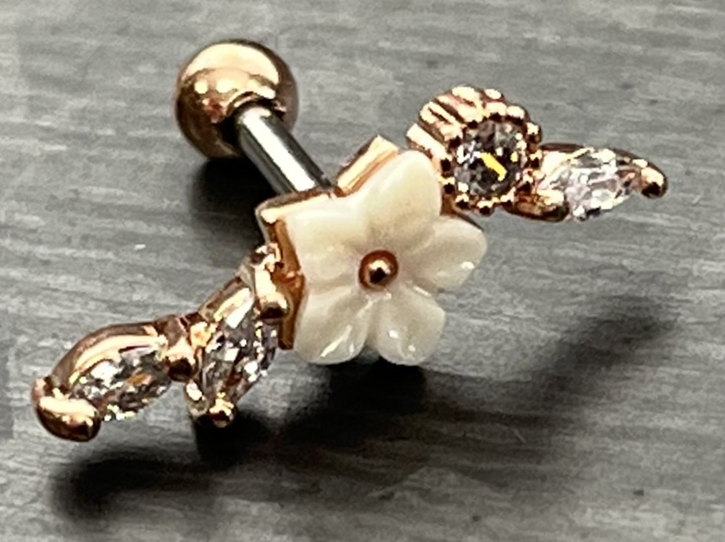 1 Piece Mother of Pearl Flower with CZ Gem Vine Tragus Cartilage Stud - 16g - Wearable Length 6mm - Silver, Gold, Rose Gold Available!