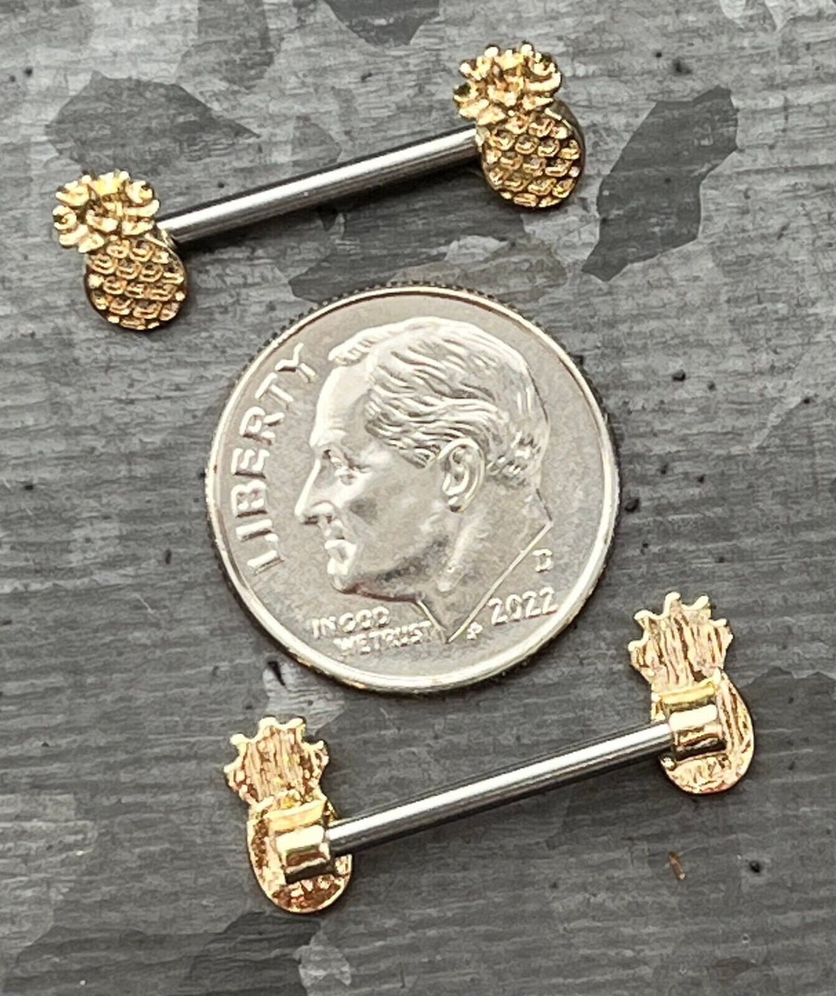 PAIR of Beautiful Gold Pineapple Surgical Barbell Nipple Rings - 14g - 14mm (9/16") Wearable Length!