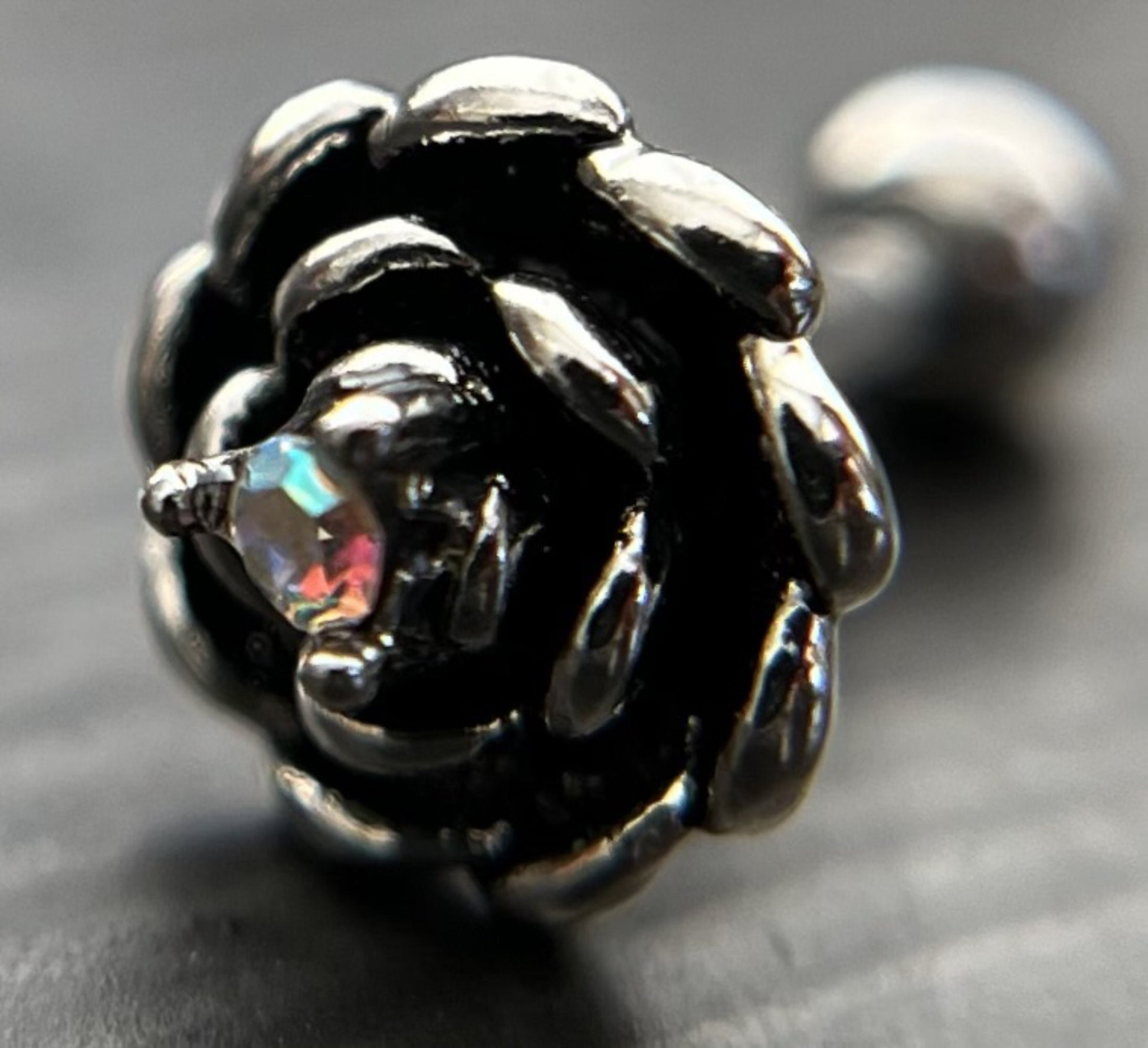 1 Piece Unique Antique Silver Flower with Center CZ Gem Tragus Barbell Stud - 16g - Aurora Borealis, Aqua, Clear, Pink & Vitrail Available!