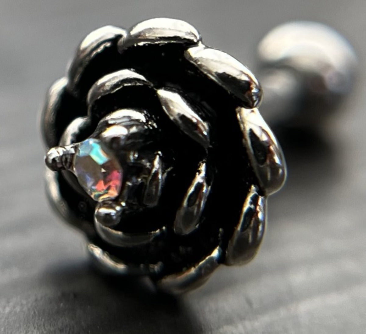 1 Piece Unique Antique Silver Flower with Center CZ Gem Tragus Barbell Stud - 16g - Aurora Borealis, Aqua, Clear, Pink & Vitrail Available!