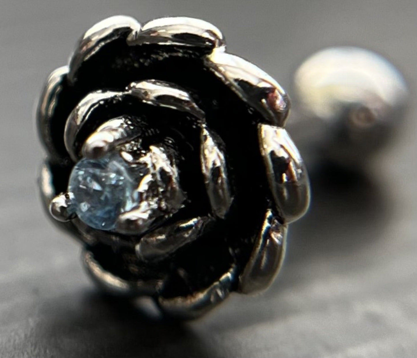 1 Piece Unique Antique Silver Flower with Center CZ Gem Tragus Barbell Stud - 16g - Aurora Borealis, Aqua, Clear, Pink & Vitrail Available!