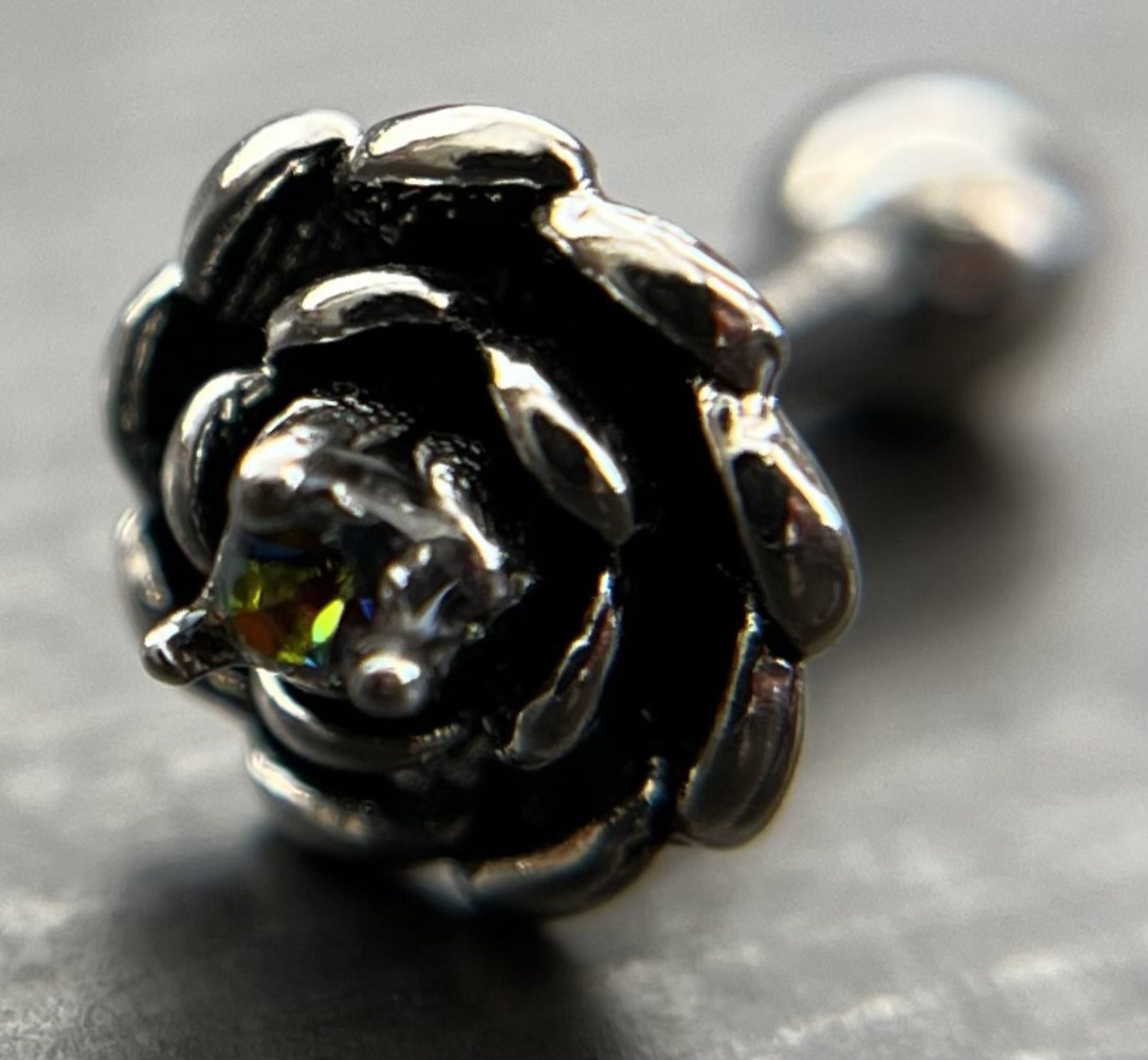 1 Piece Unique Antique Silver Flower with Center CZ Gem Tragus Barbell Stud - 16g - Aurora Borealis, Aqua, Clear, Pink & Vitrail Available!