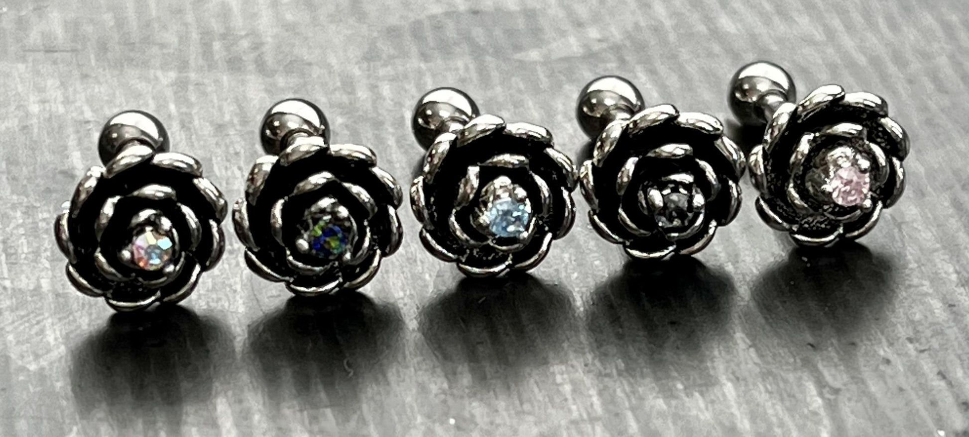 1 Piece Unique Antique Silver Flower with Center CZ Gem Tragus Barbell Stud - 16g - Aurora Borealis, Aqua, Clear, Pink & Vitrail Available!