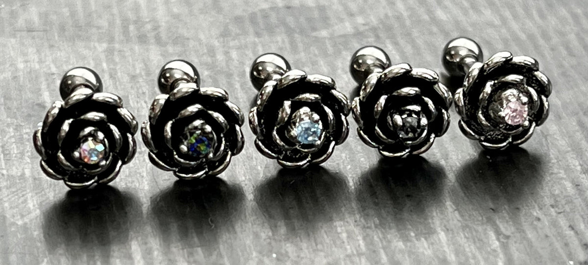 1 Piece Unique Antique Silver Flower with Center CZ Gem Tragus Barbell Stud - 16g - Aurora Borealis, Aqua, Clear, Pink & Vitrail Available!