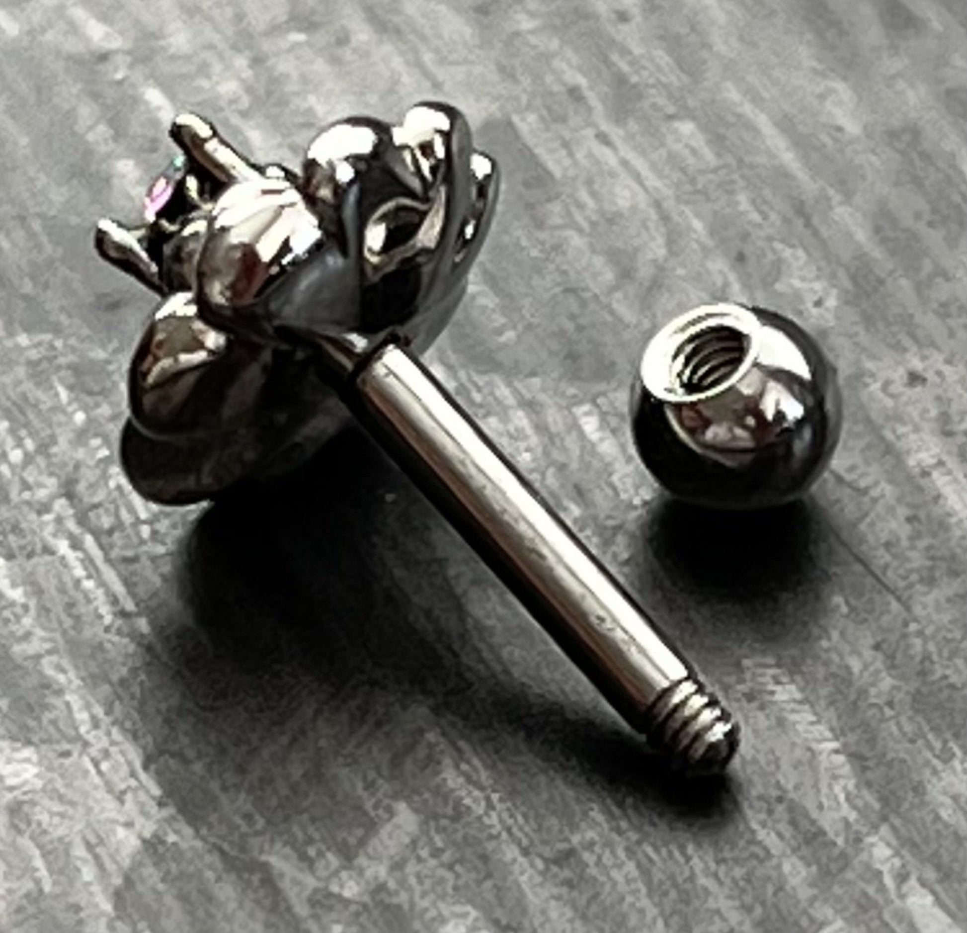 1 Piece Unique Antique Silver Flower with Center CZ Gem Tragus Barbell Stud - 16g - Aurora Borealis, Aqua, Clear, Pink & Vitrail Available!