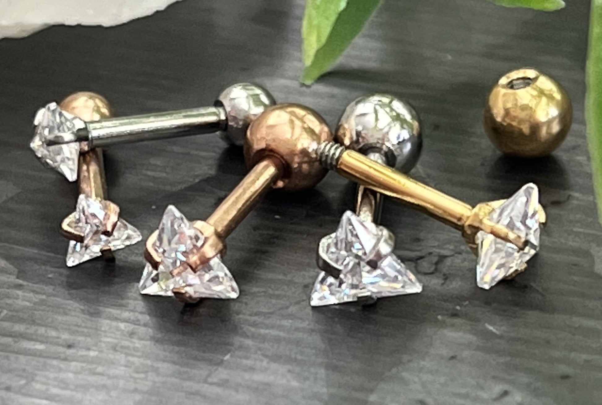 1 Piece Stunning Triangle CZ Gem Ion Plated Tragus Stud -16g - Gem Size 3mm & 4mm - Gold, Rose Gold and Silver Available!