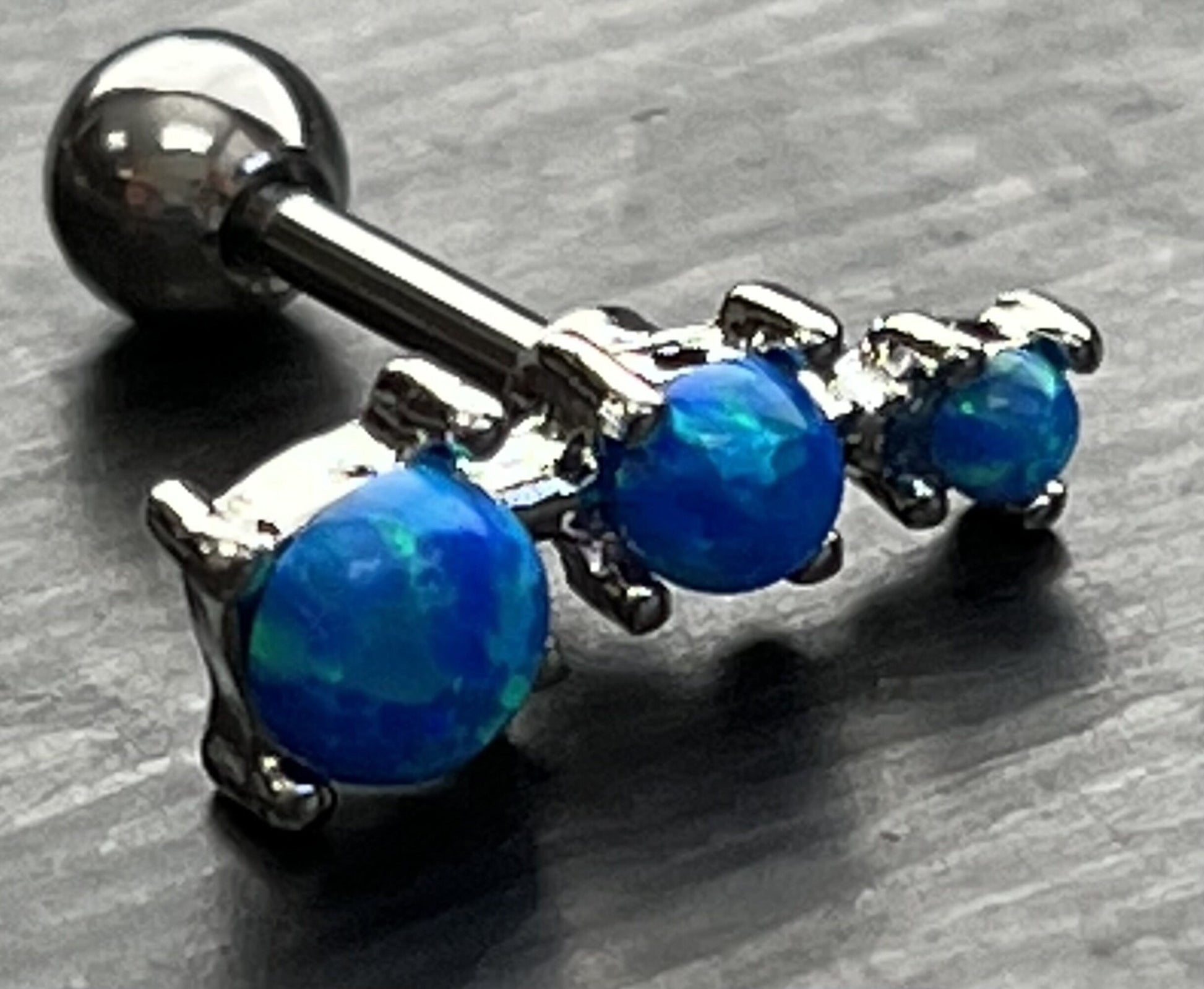 1 Piece Stunning Three Prong Set Opals Tragus Barbell Ring - 16g - Wearable Length 1/4" (6mm) - Blue, Green, Pink, Purple & White Available!