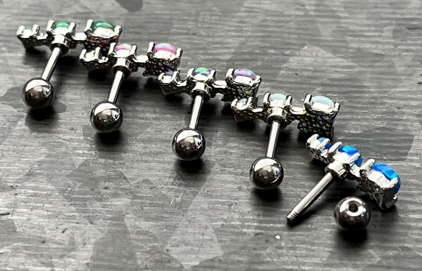 1 Piece Stunning Three Prong Set Opals Tragus Barbell Ring - 16g - Wearable Length 1/4" (6mm) - Blue, Green, Pink, Purple & White Available!