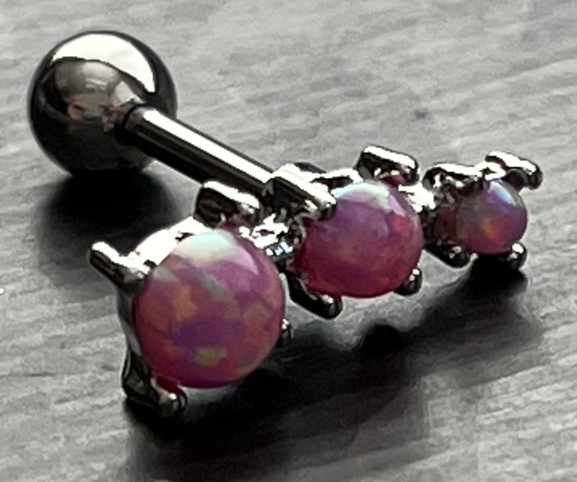 1 Piece Stunning Three Prong Set Opals Tragus Barbell Ring - 16g - Wearable Length 1/4" (6mm) - Blue, Green, Pink, Purple & White Available!