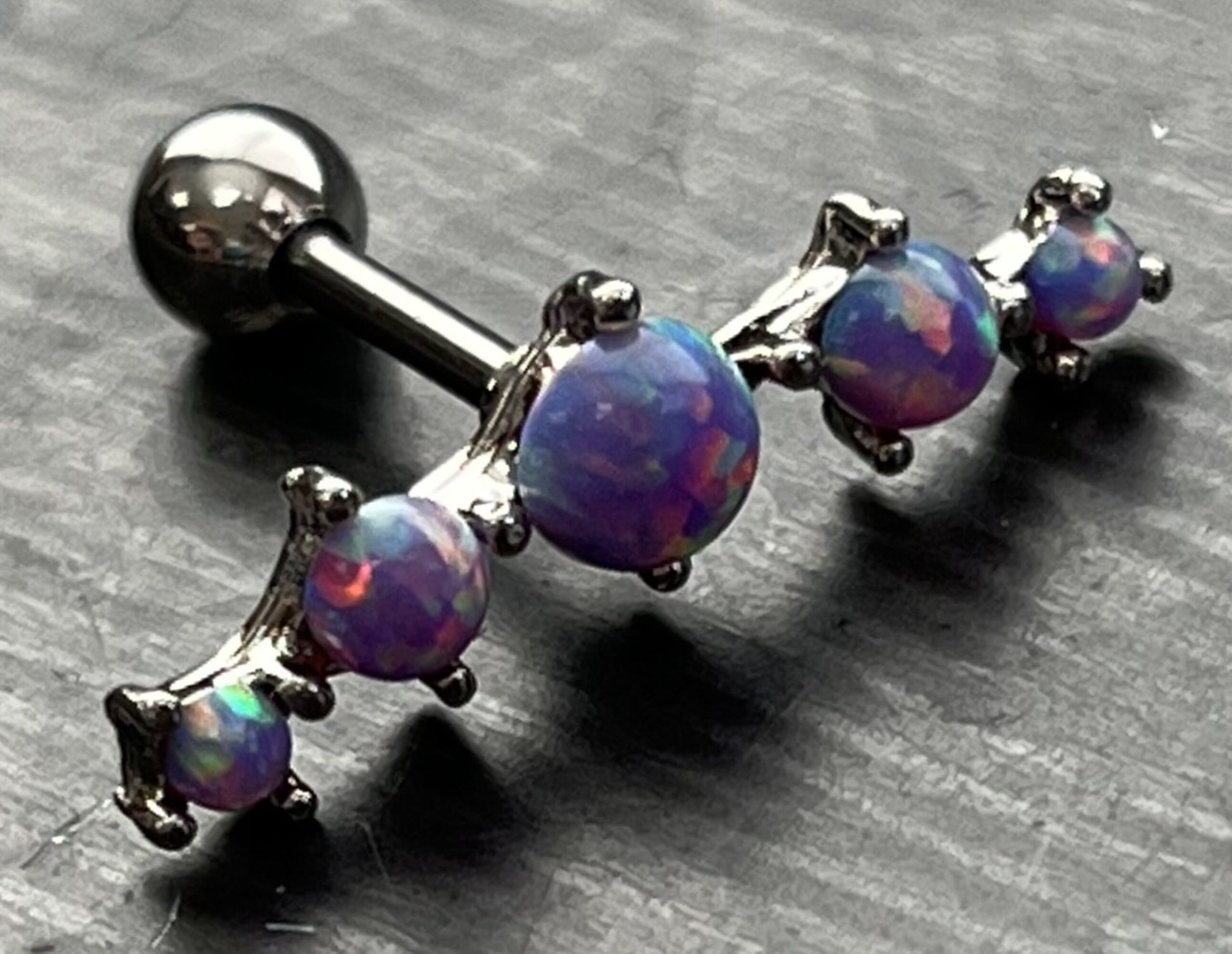 1 Piece Stunning Five Prong Set Opals Tragus Barbell Ring - 16g - Wearable Length 1/4" (6mm) - Blue, Purple & White Available!