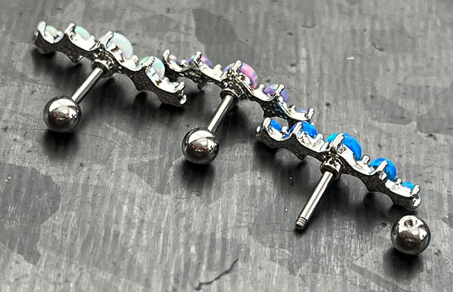 1 Piece Stunning Five Prong Set Opals Tragus Barbell Ring - 16g - Wearable Length 1/4" (6mm) - Blue, Purple & White Available!