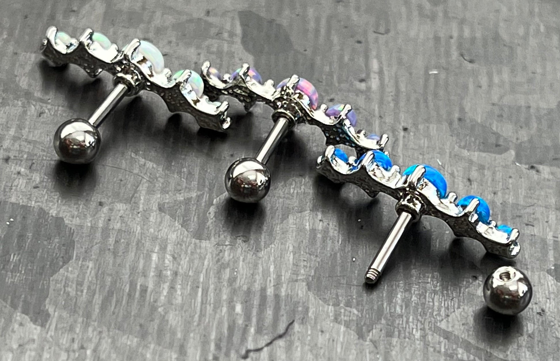 1 Piece Stunning Five Prong Set Opals Tragus Barbell Ring - 16g - Wearable Length 1/4" (6mm) - Blue, Purple & White Available!