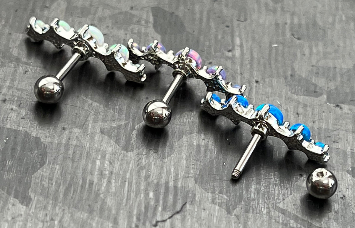 1 Piece Stunning Five Prong Set Opals Tragus Barbell Ring - 16g - Wearable Length 1/4" (6mm) - Blue, Purple & White Available!