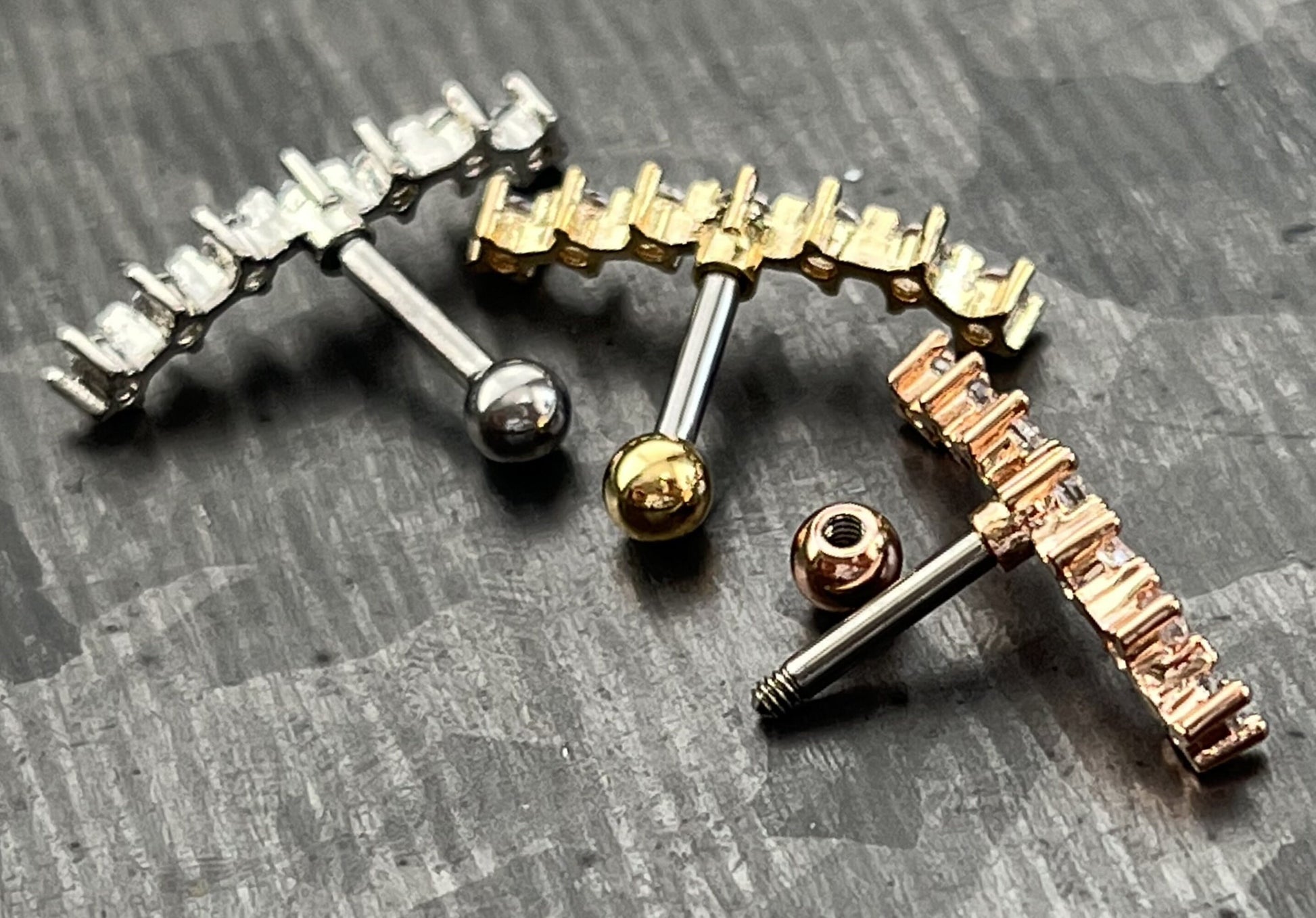 1 Piece Stunning Seven Cubic Zirconia Prong Set Tragus Barbell Ring - 16g - Wearable Length 1/4" (6mm) - Silver, Gold & Rose Gold Available!