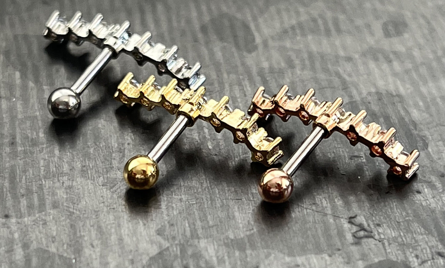 1 Piece Stunning Seven Cubic Zirconia Prong Set Tragus Barbell Ring - 16g - Wearable Length 1/4" (6mm) - Silver, Gold & Rose Gold Available!