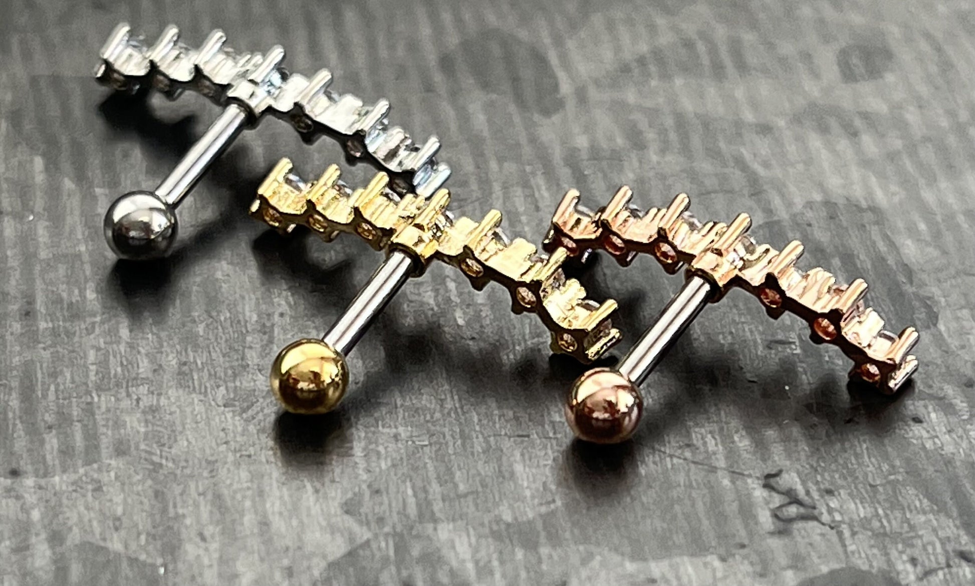 1 Piece Stunning Seven Cubic Zirconia Prong Set Tragus Barbell Ring - 16g - Wearable Length 1/4" (6mm) - Silver, Gold & Rose Gold Available!
