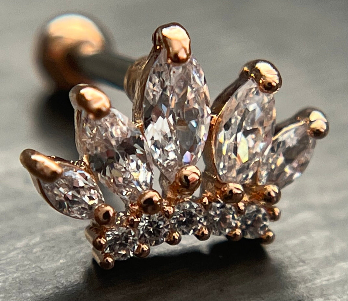 1 Piece Brilliant CZ Paved Taira Princess Crown Tragus Barbell Ring - 16g - Wearable Length 1/4" (6mm) - Silver, Gold & Rose Gold Available!